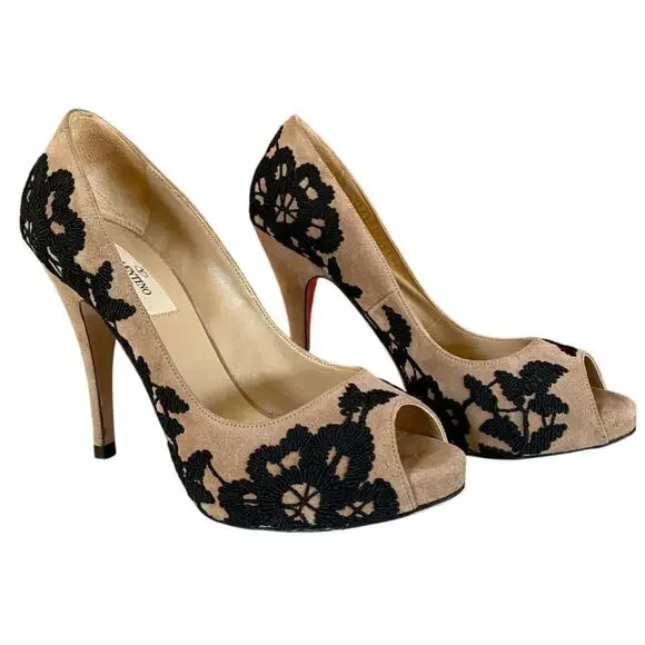 Valentino Garavani Suede Lace Peep Toe Heels 37 Nude Black Floral Embroidery - Picture 2 of 13